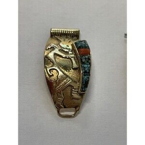 Vintage 14k Ervin Hoskie Signed Kokopelli Turquoise Coral Watch Band Tips
